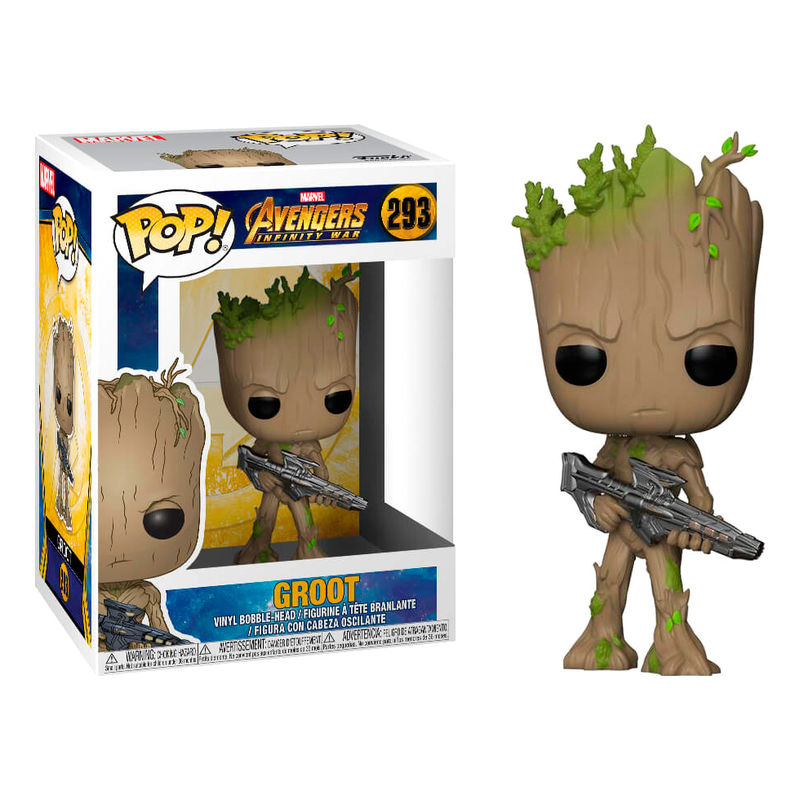 Figura Funko POP de Teen Groot con arma en caja