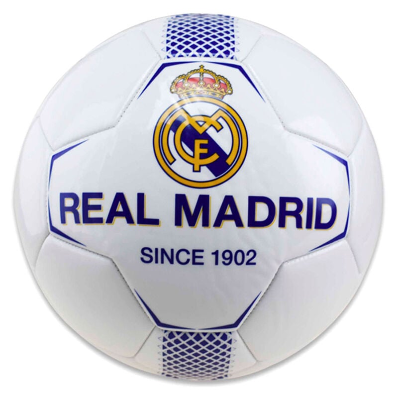 Balón de fútbol blanco del Real Madrid con escudo y detalles azules