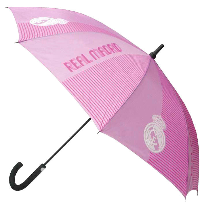 Paraguas automático rosa del Real Madrid con escudo y mango curvo negro