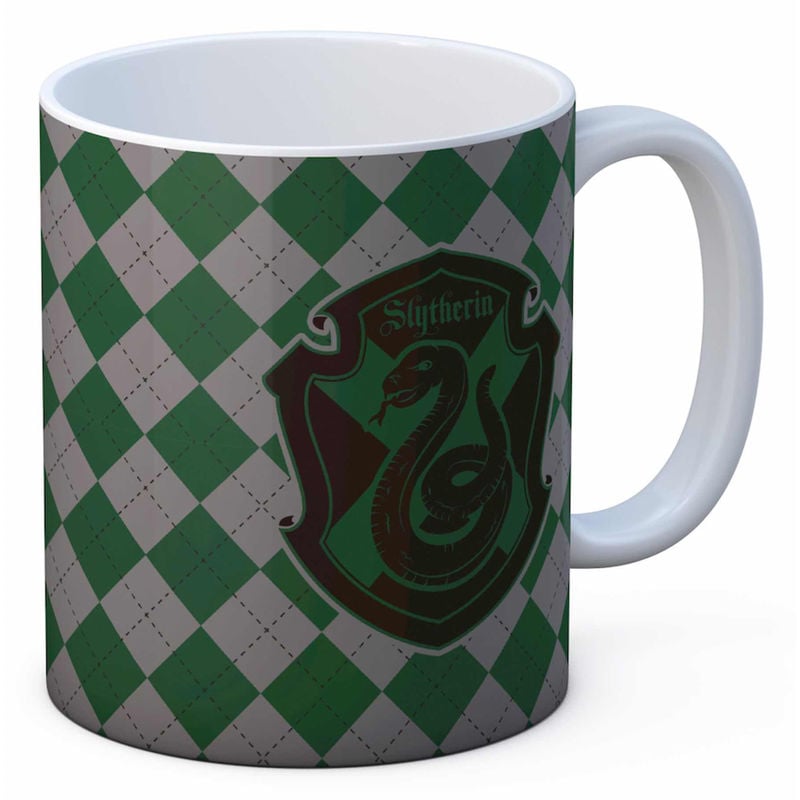 Taza de Harry Potter Slytherin con escudo de serpiente y estampado verde y gris