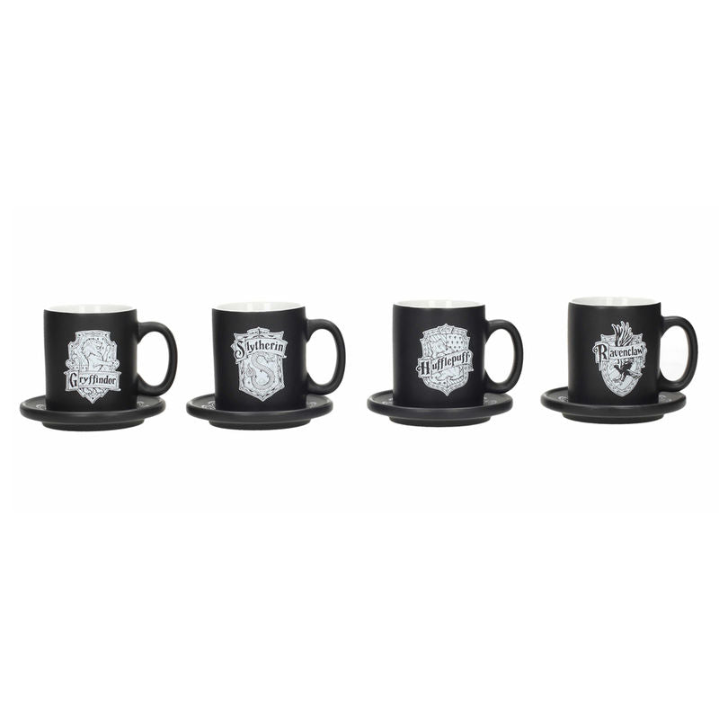 Set de cuatro mini tazas espresso negras de Harry Potter con emblemas de las casas de Hogwarts