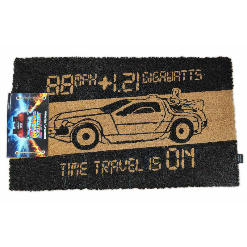 Felpudo negro de Regreso al Futuro con ilustración del DeLorean
