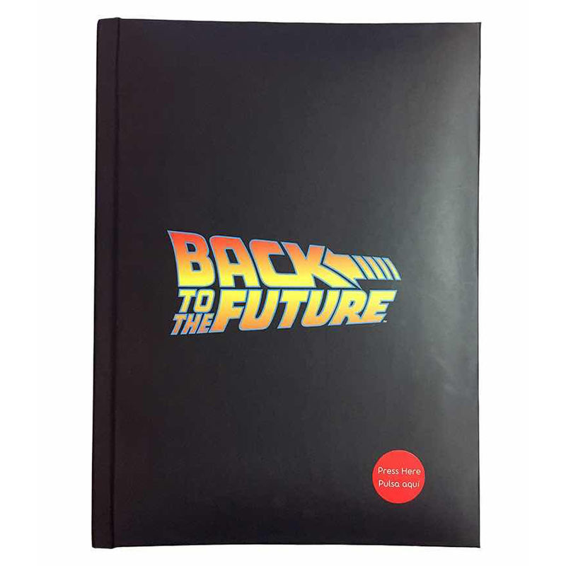 Diario negro de Regreso al Futuro con logo luminoso