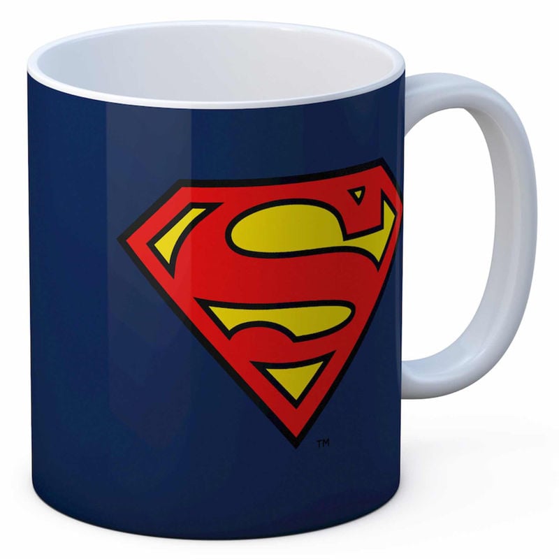 Taza azul de Superman DC Comics con escudo rojo y amarillo