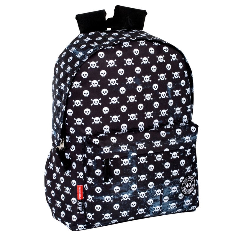 Mochila Perona Danger negra con estampado de calaveras blancas