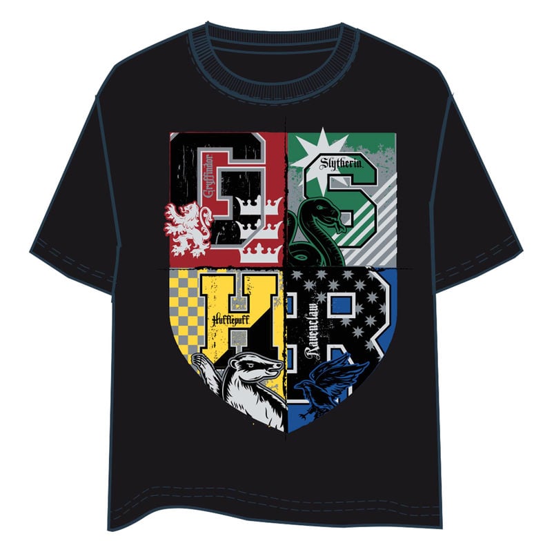 Camiseta negra de Harry Potter con escudo de Hogwarts y sus cuatro casas