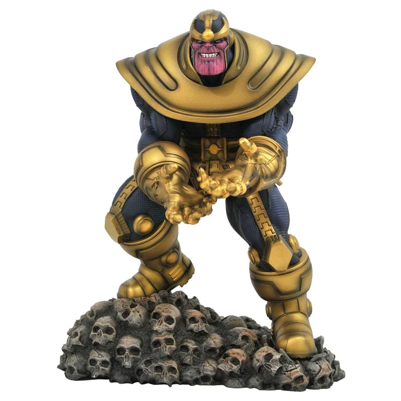 Figura Thanos Diorama Marvel con armadura dorada y base de calaveras