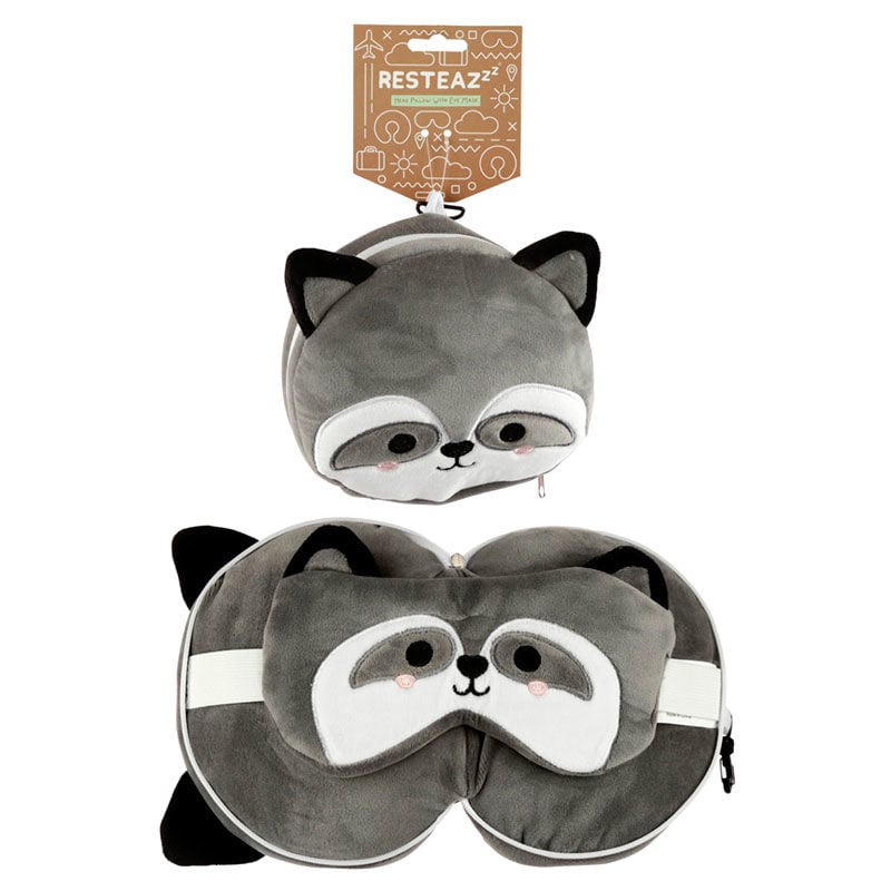 Almohada de viaje con antifaz de mapache gris