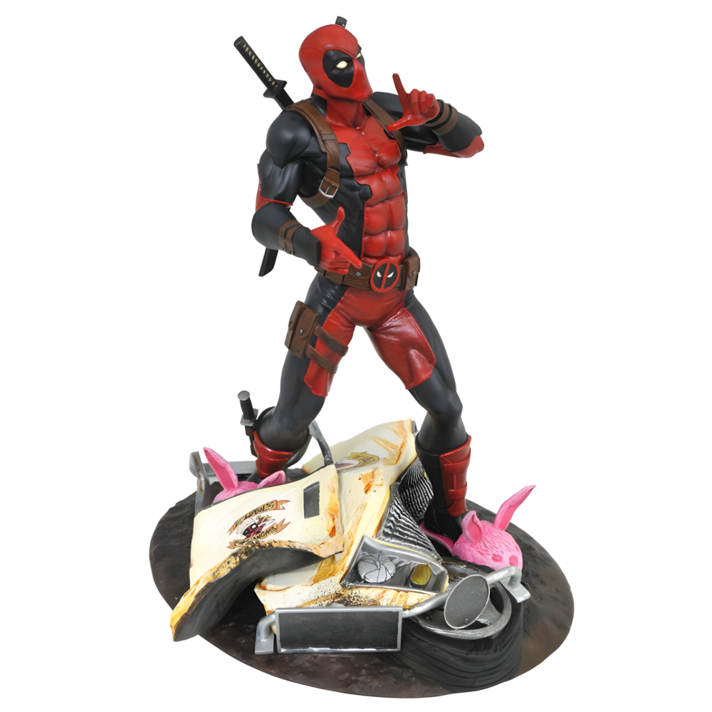 Estatua de Deadpool sobre un taco truck accidentado