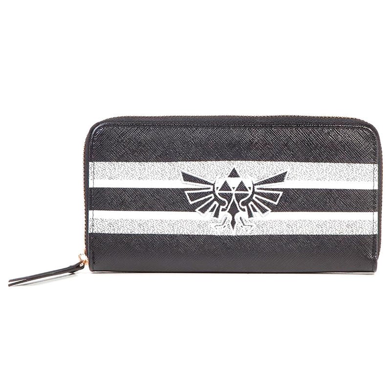 Cartera Zelda Nintendo negra con franjas blancas y emblema frontal