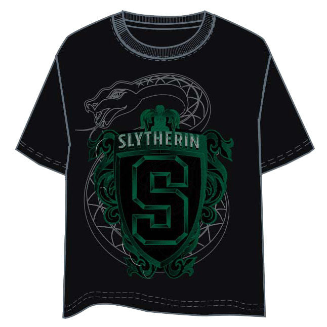 Camiseta negra de Slytherin de Harry Potter con estampado frontal