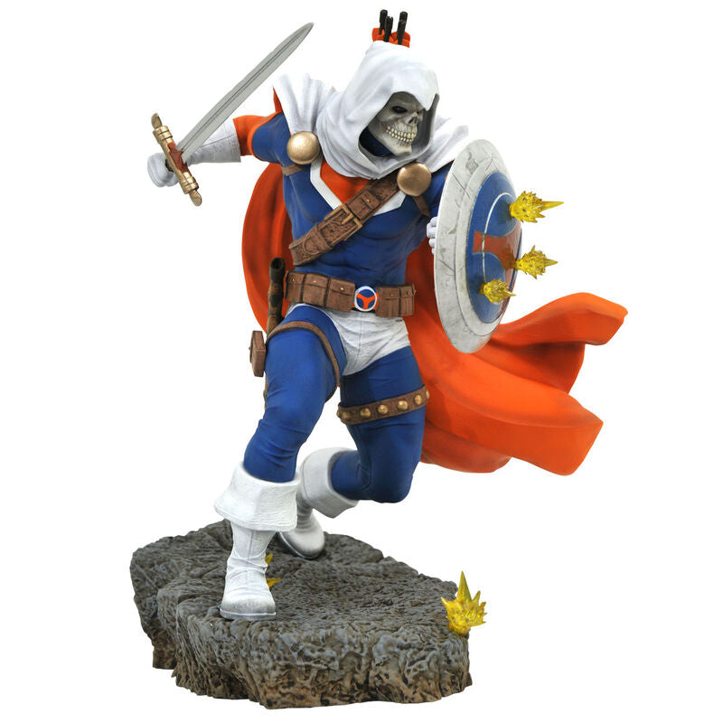 Figura de Taskmaster Marvel con espada, escudo y capa roja sobre base rocosa
