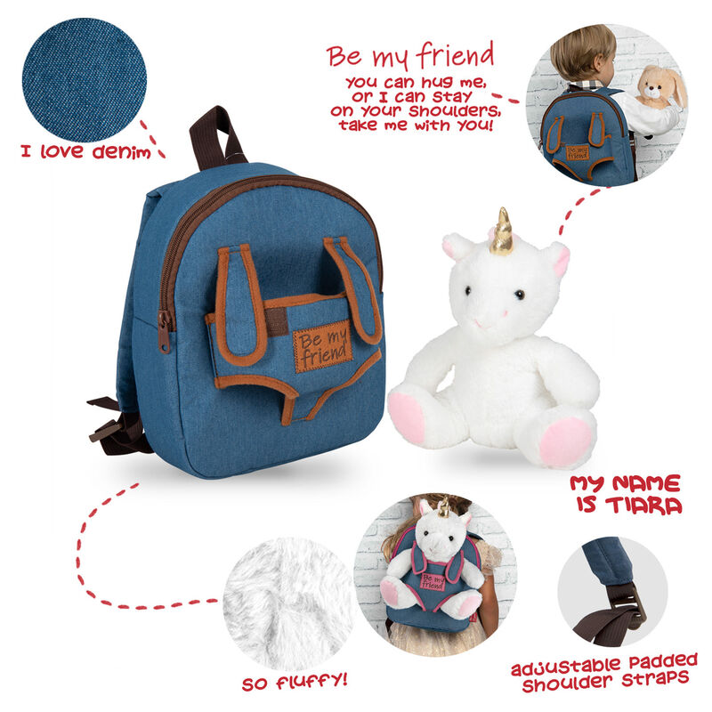 Mochila escolar Perletti azul con peluche de unicornio blanco - 5