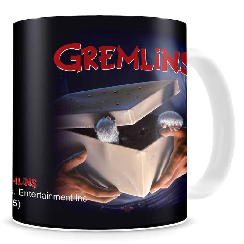 Taza negra de Gizmo Gremlins con asa blanca y diseño de la película