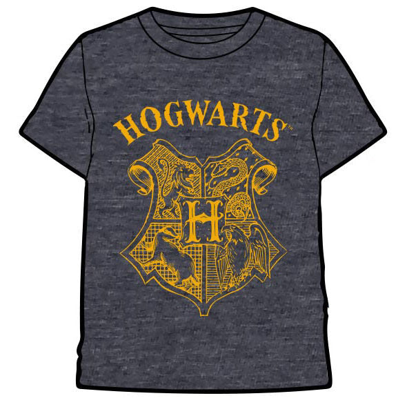 Camiseta gris de Harry Potter con escudo de Hogwarts en amarillo