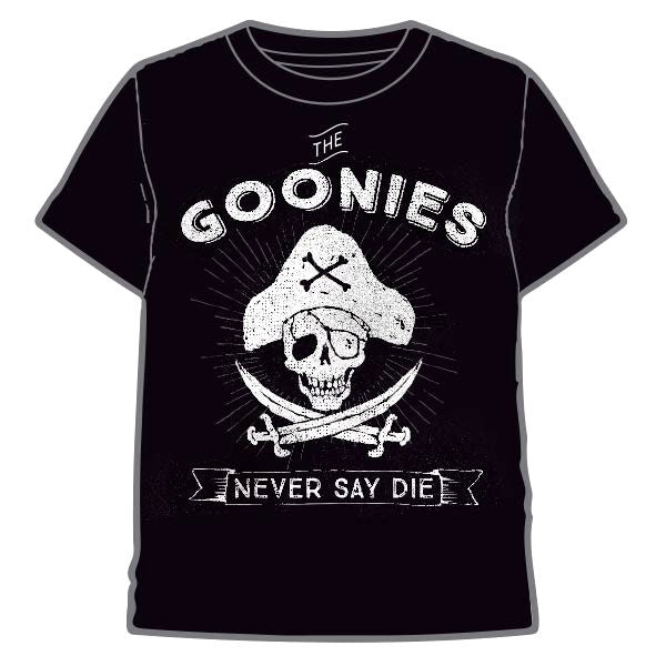 Camiseta negra de The Goonies con calavera pirata y lema Never Say Die