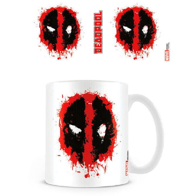 Taza blanca Deadpool Marvel con estampado rojo y negro
