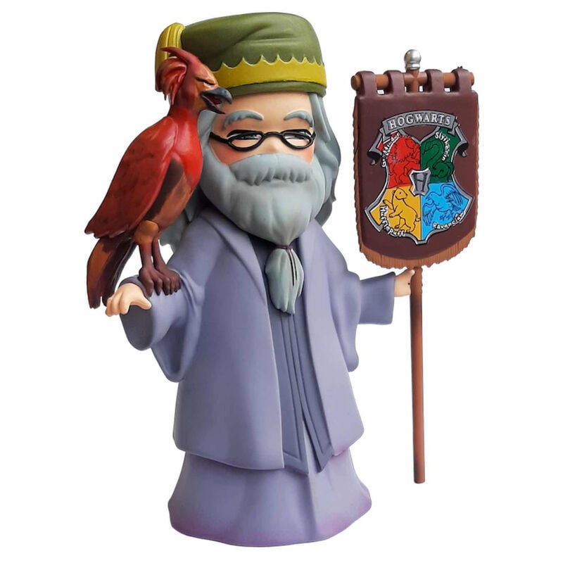 Figura de Dumbledore con Fumseck y estandarte de Hogwarts