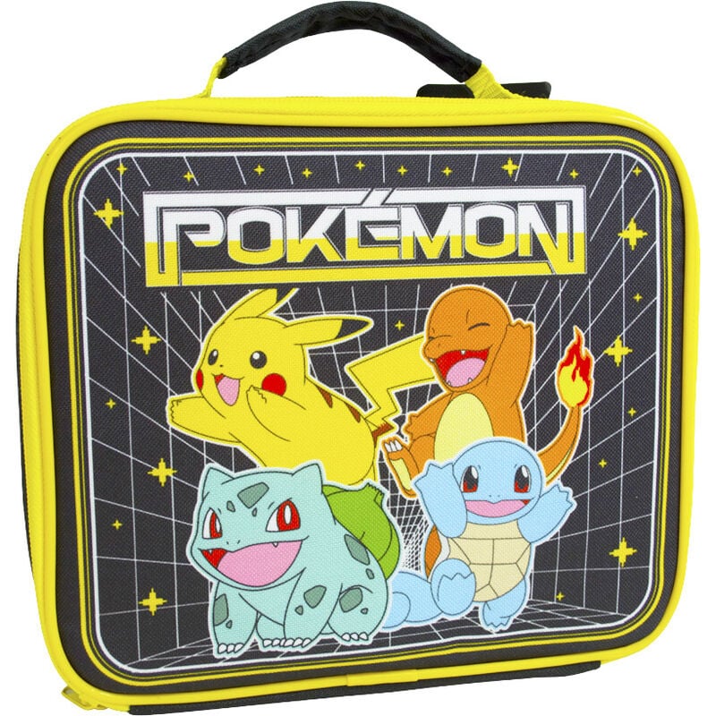 Bolsa portameriendas térmica Pokémon amarilla y negra con Pikachu, Charmander, Bulbasaur y Squirtle