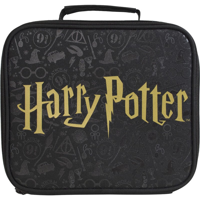 Bolsa portamerienda térmica negra con logotipo dorado de Harry Potter