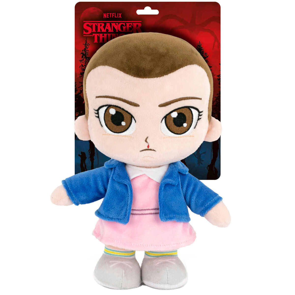 Peluche de Eleven de Stranger Things con vestido rosa y chaqueta azul