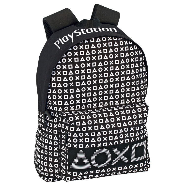 Mochila negra y blanca PlayStation PERONA con estampado de símbolos