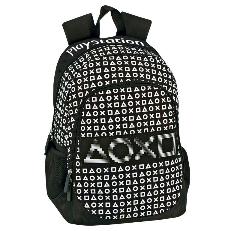 Mochila negra PlayStation con símbolos blancos y bolsillo frontal