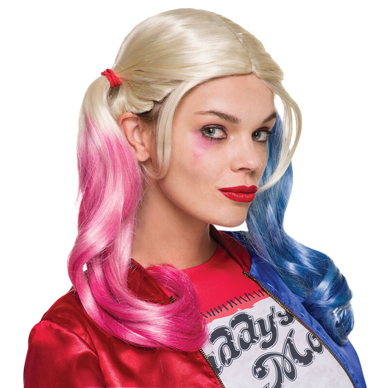 Peluca de Harley Quinn rubia con coletas rosa y azul
