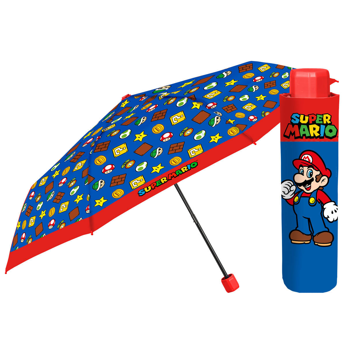 Paraguas plegable Super Mario Bros PERLETTI azul con estampado y funda de Mario