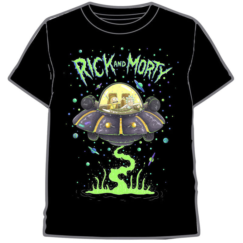 Camiseta negra Rick and Morty con ilustración de nave espacial