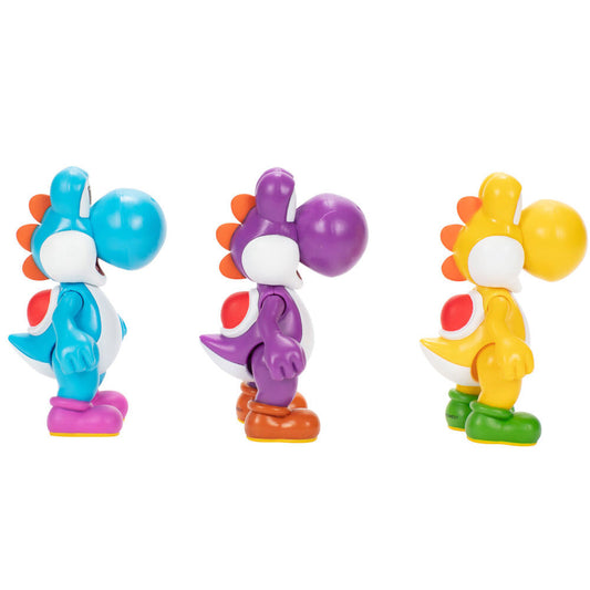 Blíster con tres figuras Yoshi de Super Mario Bros en amarillo, morado y azul claro - 4
