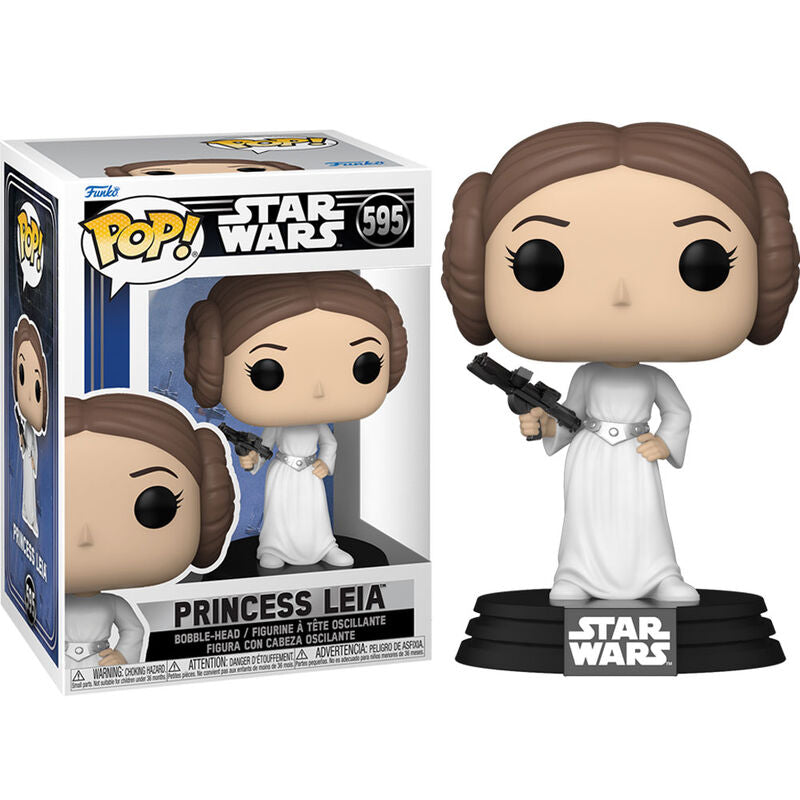 Figura Funko POP de la Princesa Leia con vestido blanco y bláster - 3
