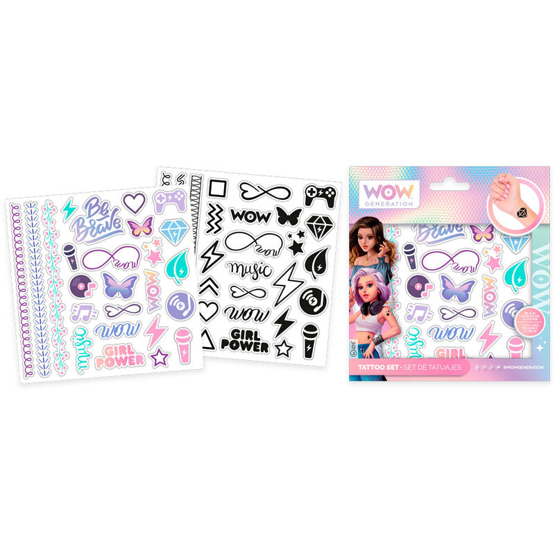 Set de 50 tatuajes temporales WOW Generation con diseños coloridos