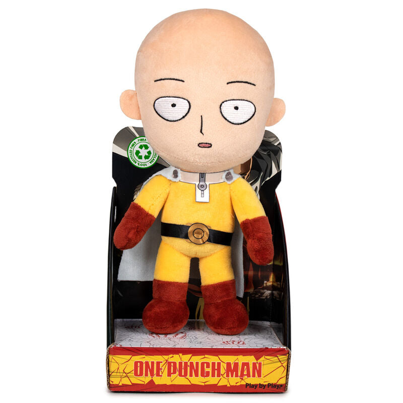Peluche de Saitama de One Punch Man con traje amarillo y capa blanca