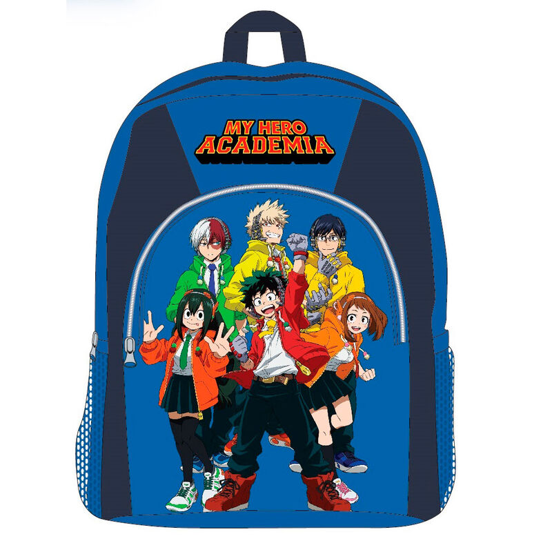 Mochila azul BONES de My Hero Academia con personajes estampados
