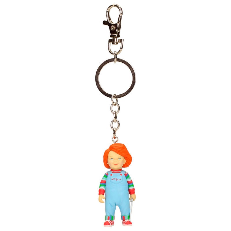 Llavero de Chucky de PVC con pelo naranja y peto azul