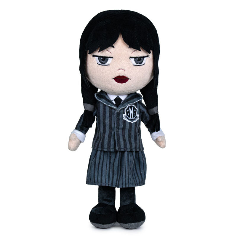 Peluche de Miércoles Wednesday con uniforme oscuro de rayas
