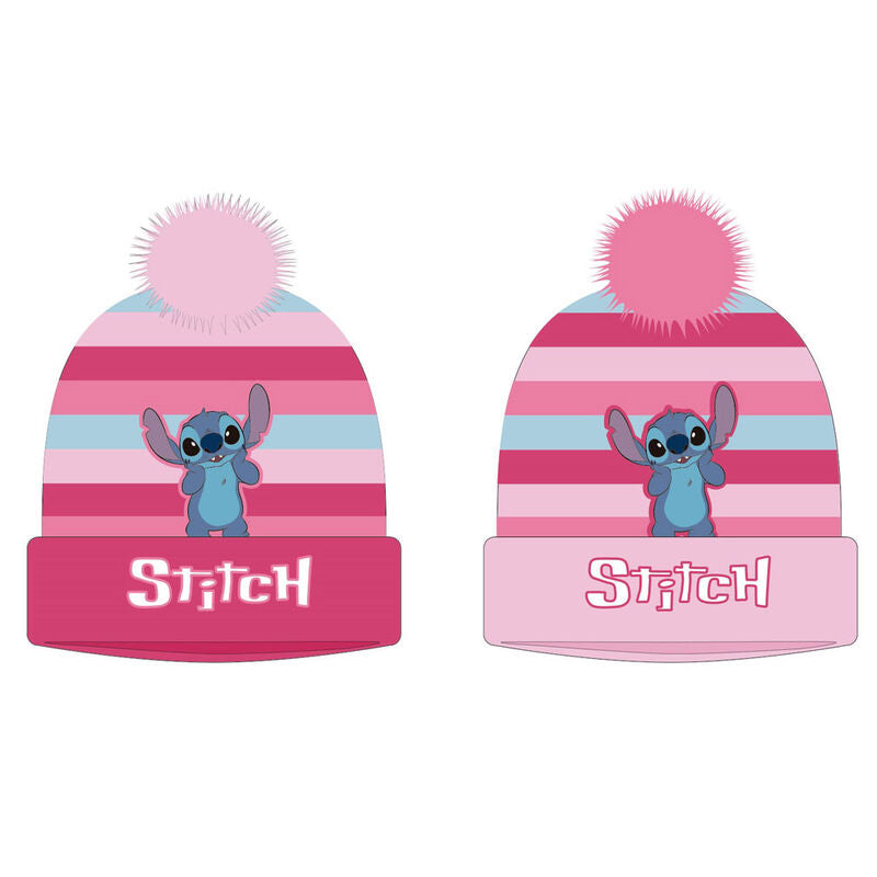 Gorro infantil bordado de Stitch Disney con pompón y rayas rosas