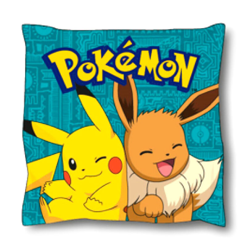 Cojín Pokémon de microfibra con Pikachu y Eevee sobre fondo turquesa