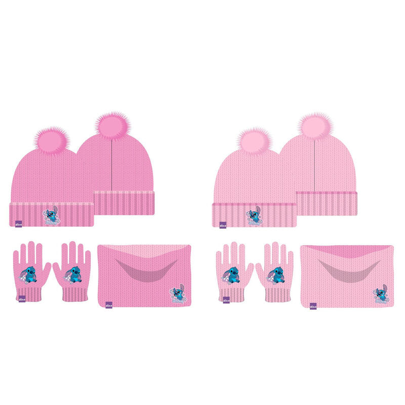 Conjunto infantil rosa de Stitch Disney con gorro, guantes y braga de cuello