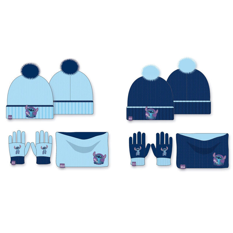 Conjunto infantil Stitch Disney con gorro, guantes y braga de cuello en tonos azules