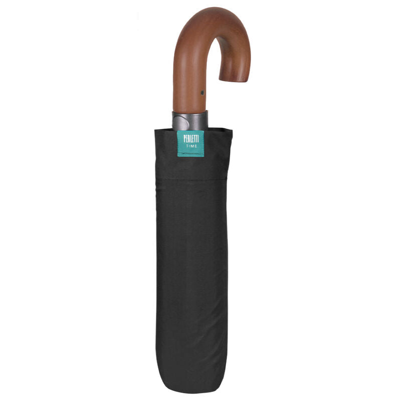 Paraguas plegable automático negro Perletti con mango curvo marrón
