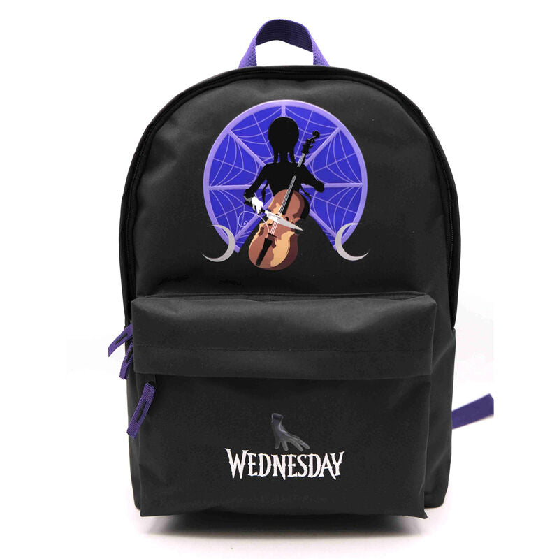 Mochila negra Wednesday de 43 cm con diseño morado y compartimento delantero