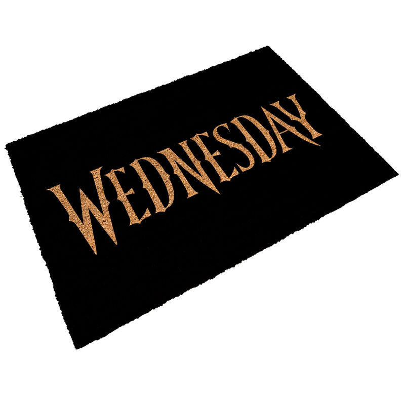 Felpudo negro con logotipo dorado de Wednesday