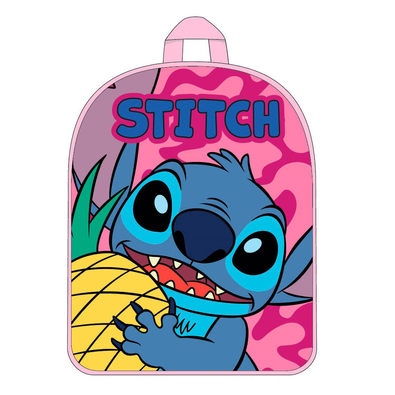 Mochila rosa Disney Stitch con ilustración del personaje y pelota amarilla