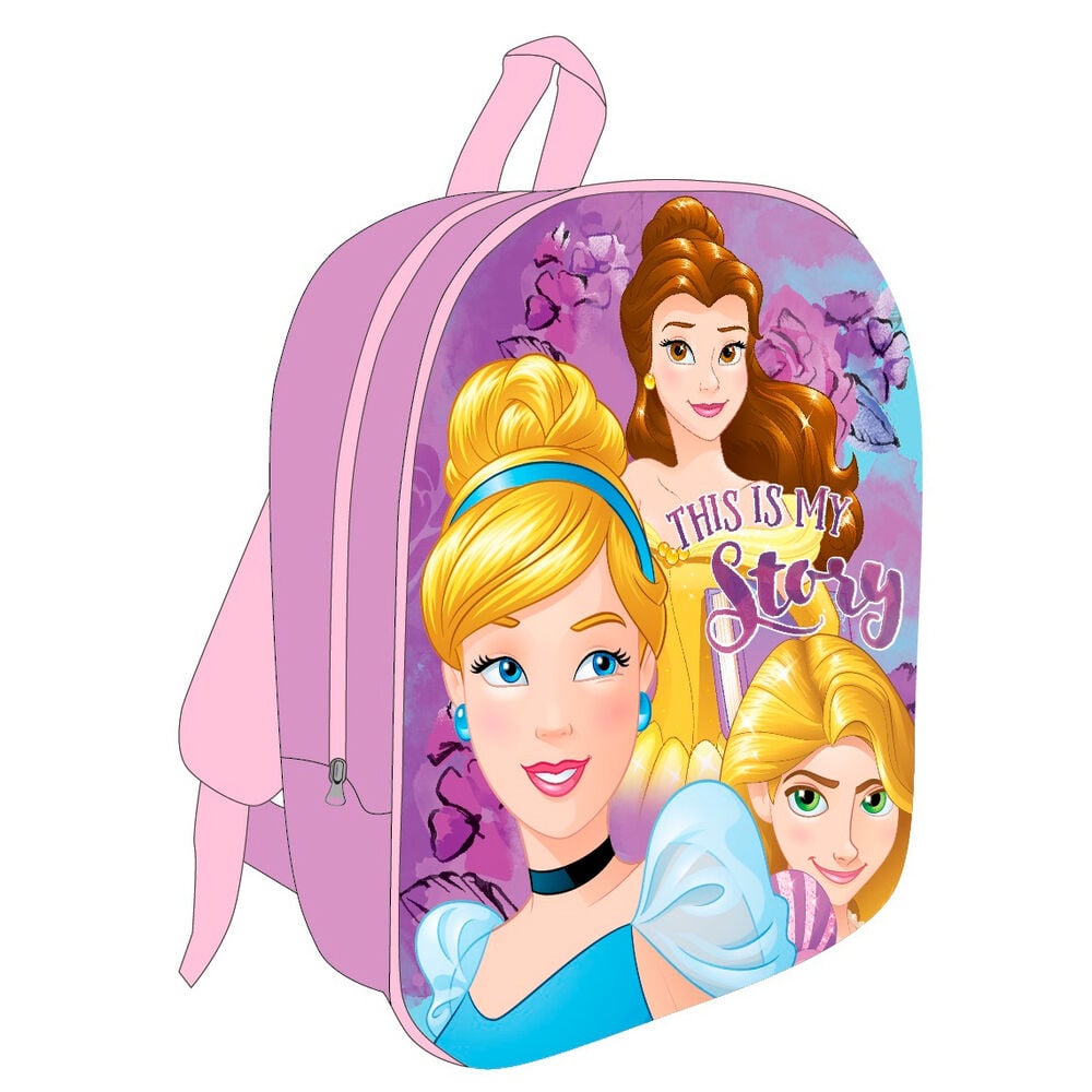 Mochila 3D rosa de Princesas Disney con Cenicienta, Bella y Rapunzel