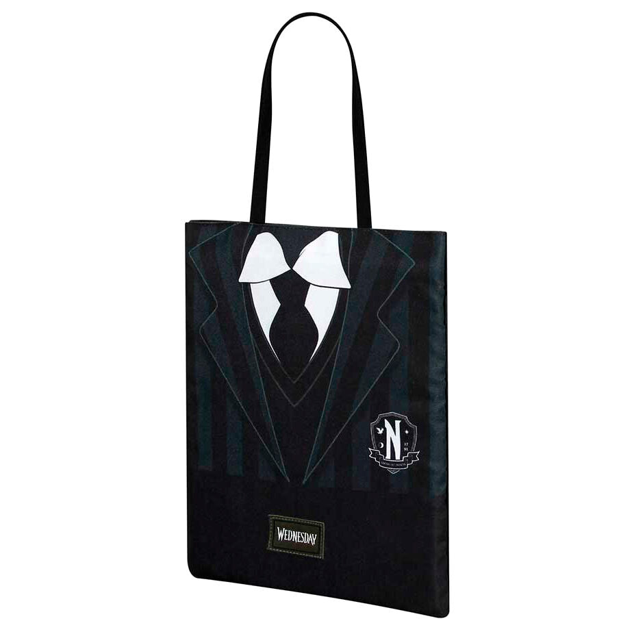 Bolsa shopping negra Wednesday con diseño de uniforme y pajarita - 2