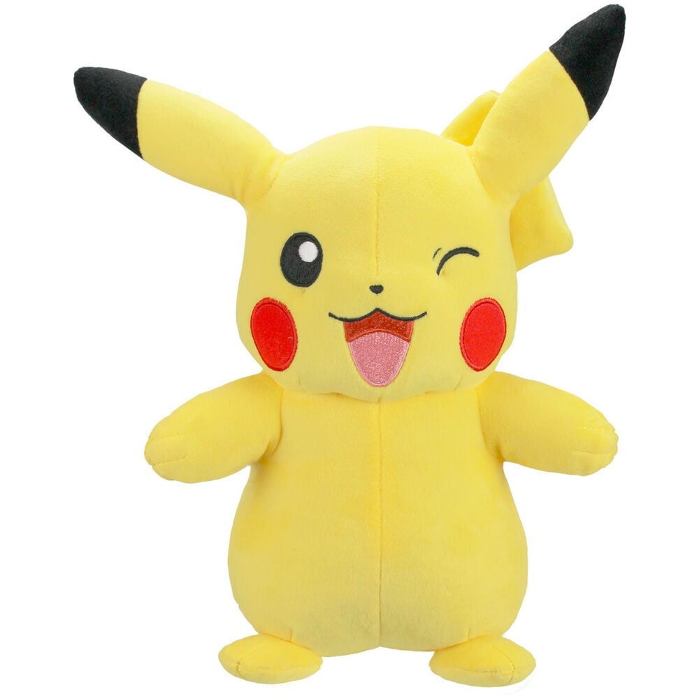 Peluche Pikachu amarillo de Pokémon con orejas negras y expresión sonriente