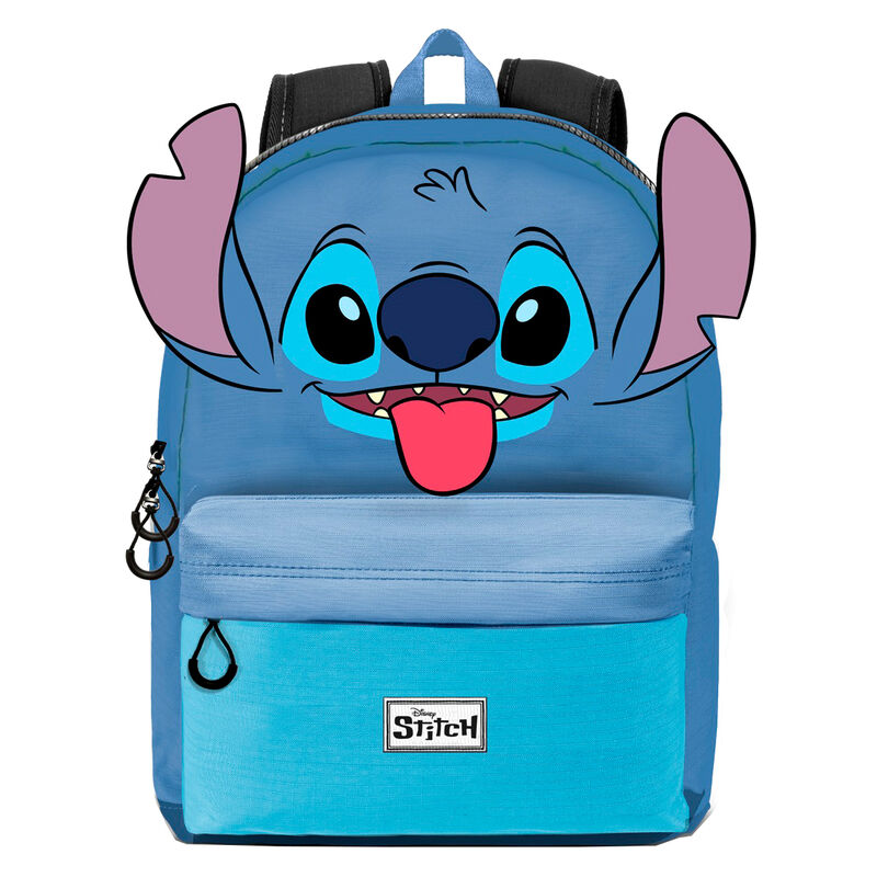 Mochila azul de Disney Stitch con la lengua fuera y dos bolsillos delanteros
