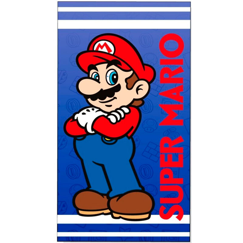 Toalla azul de algodón de Super Mario Bros con Mario y texto rojo